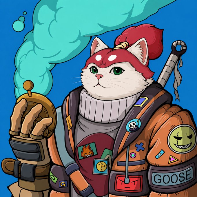 A stylized cartoon cat character with a red beanie and an orange jacket labeled "GOOSE" holds up a smoking grenade-like object, fitting the "free mints" theme as a playful visual metaphor for dropping new NFT tokens. Various patches, including a skull and flame, decorate the jacket, reinforcing the Web3/crypto aesthetic.