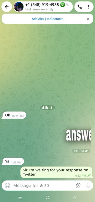 A screenshot of a Telegram conversation with a contact showing the message "Sir I'm waiting for your response on Twitter" at 4:52 PM, with the message composer displaying "Message for ★30" — illustrating the post's complaint about being required to pay 30 Stars to message someone from GXT Exchange.