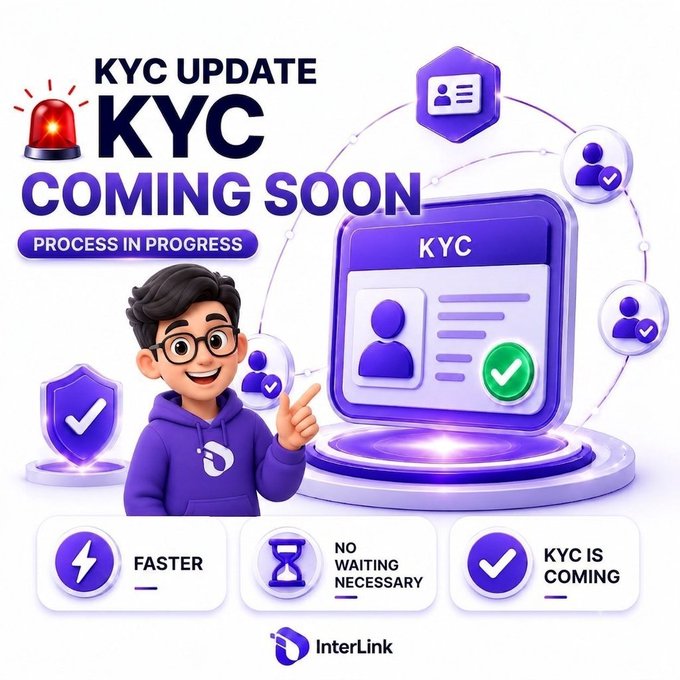 A purple-themed promotional graphic featuring a cartoon mascot pointing to a glowing KYC verification card, with text reading "KYC UPDATE COMING SOON" and "PROCESS IN PROGRESS," alongside key benefit highlights "FASTER," "NO WAITING," and "KYC IS COMING" with the InterLink logo at the bottom. The image visually reinforces the post's announcement of progress on InterLink's KYC Level 3 approvals and Migration Phase 1 rollout, symbolizing upcoming streamlined verification for users.
