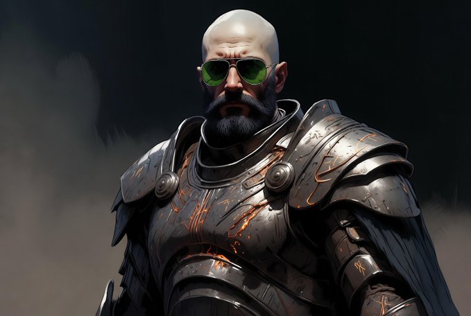 A digital illustration of a bald, bearded warrior wearing green-tinted sunglasses and heavily scarred, ornate dark metal plate armor with glowing orange runes.