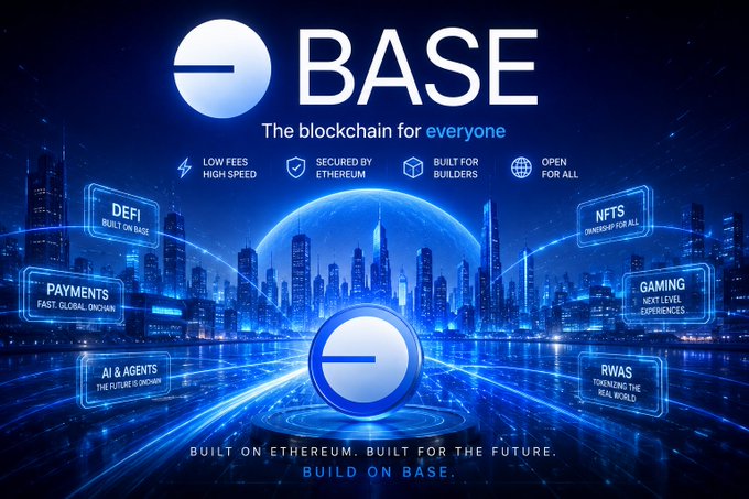 A promotional graphic for 'BASE - The blockchain for everyone' with features including 'DEFI', 'PAYMENTS', 'AI & AGENTS', 'NFTS', 'GAMING', and 'RWAS', built on Ethereum.