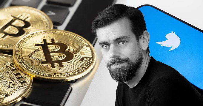 The image features Jack Dorsey alongside golden Bitcoin coins and a smartphone displaying the Twitter logo, visually representing Block Inc.'s recent Bitcoin acquisition and Dorsey's continued commitment to cryptocurrency accumulation despite market volatility.