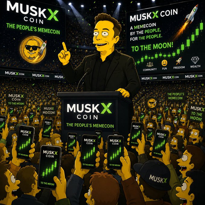 A cartoon Elon Musk stands at a podium promoting "MUSKX COIN - THE PEOPLE'S MEMECOIN," surrounded by an enthusiastic crowd holding up phones displaying green upward price charts and "TO THE MOON!" messages, with stage banners declaring "A MEMECOIN BY THE PEOPLE, FOR THE PEOPLE." The energetic rally scene visually reinforces the post's call to action, capturing the excitement of a meme-driven crypto community launch on pump.fun.