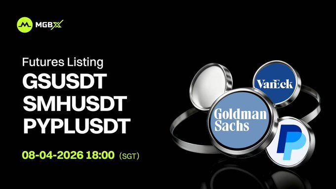 MGBX announcement for 'Futures Listing' of GSUSDT, SMHUSDT, and PYPLUSDT dated 08-04-2026 18:00 (SGT), featuring silver rings with Goldman Sachs, VanEck, and PayPal logos.