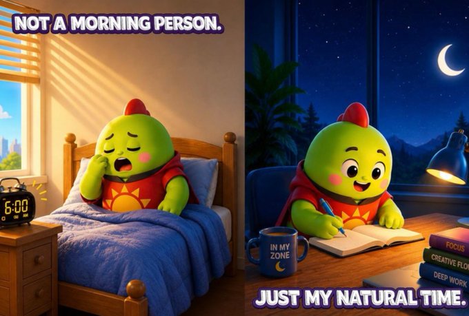 A split image contrasts a tired green cartoon character yawning at 6:00 AM in bed ('NOT A MORNING PERSON.') with the same character happily writing at night by moonlight ('JUST MY NATURAL TIME.').