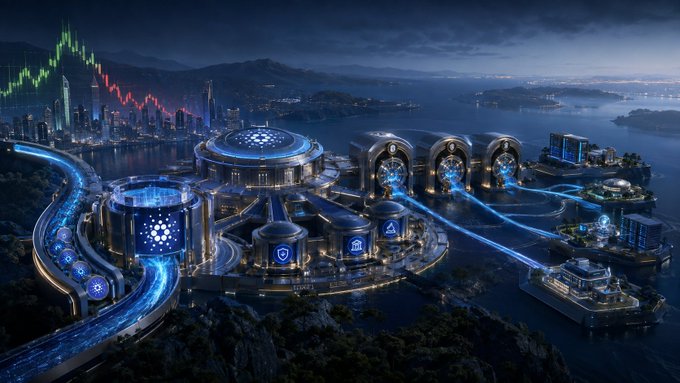 A futuristic nighttime cityscape featuring sleek circular buildings, illuminated highways, and a financial candlestick chart overlay in the sky.