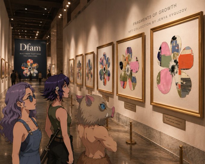 Two anime-style characters and a boar-headed figure stand admiring a row of framed abstract flower paintings in a gallery, with the wall text reading "FRAGMENTS OF GROWTH" and "NFT COLLECTION BY JENYA VYGUZOV" above them, and a "Dfam Built from Everything The Make Lives" banner visible in the background. The artwork displayed reflects the collection's real-world origins, echoing how artist Jenya Vyguzov spent a decade traveling and photographing textures to create this NFT series before launching the project.