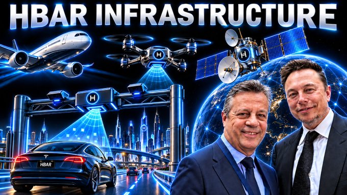A promotional graphic titled 'HBAR INFRASTRUCTURE' features various technological elements like planes, drones, and satellites, alongside a Tesla car and the faces of two men.