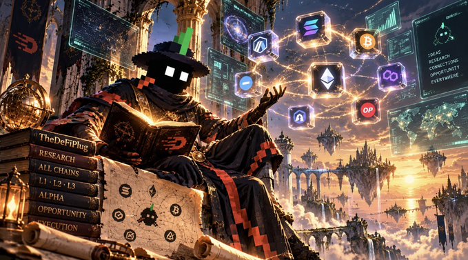 A fantasy digital art piece featuring a cloaked, pixelated-face character sitting on books labeled 'TheDefiPlug', 'RESEARCH', 'ALL CHAINS', 'L1/L2/L3', 'ALPHA', 'OPPORTUNITY', and 'EXECUTION', holding a magical book with various crypto icons floating above a futuristic cityscape with text 'YOUR RESEARCH CONNECTIONS OPPORTUNITY EVERYWHERE'.