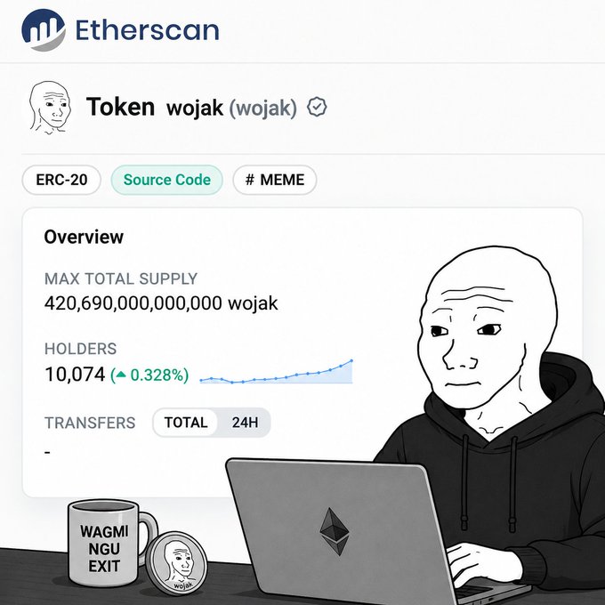 The image features a man sitting at a desk with a laptop computer, accompanied by a mug of coffee. There are also coins visible near the edge of the frame. The caption for the image reads "FOMO kicking in? $WOJAK". This suggests that the man might be feeling FOMO (fear of missing out) or social media-related anxiety due to the popularity of a particular cryptocurrency, such as Wojak.