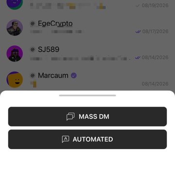 A mobile app interface showing a list of verified users (EgeCrypto, SJ589, Marcaum) with dates from August 2026, and a popup menu with 'MASS DM' and 'AUTOMATED' options.