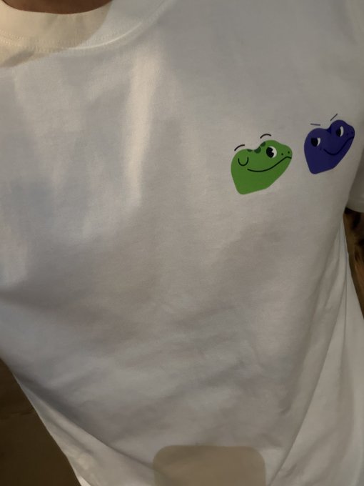 A person wears a white t-shirt featuring two cartoon character faces—one green resembling Gecko's logo and one blue—worn at the gym as casual fan apparel representing the CoinGecko brand.