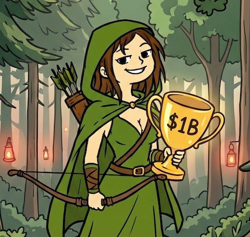 A cartoon archer character in a green hooded cloak holds a bow and a golden trophy labeled '$1B' in a forest setting.