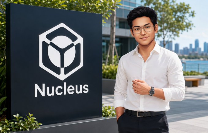 A young man wearing glasses, a white button-down shirt, and black pants stands next to a black sign that reads 'Nucleus' with a geometric logo, set against an outdoor waterfront backdrop with city buildings.