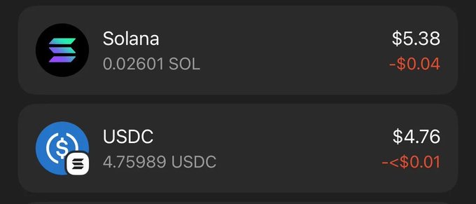 A dark-mode crypto portfolio snapshot shows holdings of 0.02601 Solana (SOL) valued at $5.38 (-$0.04) and 4.75989 USDC valued at $4.76 (-<$0.01), illustrating the user's "50% stabled" position mentioned in the post about being content with profits and no longer stressing over price movements.