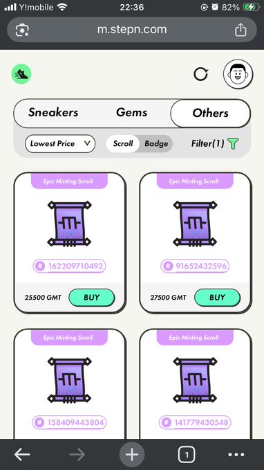 A mobile screenshot from m.stepn.com showing a marketplace with 'Epic Minting Scroll' items for sale in GMT cryptocurrency, priced at 25500 and 27500.