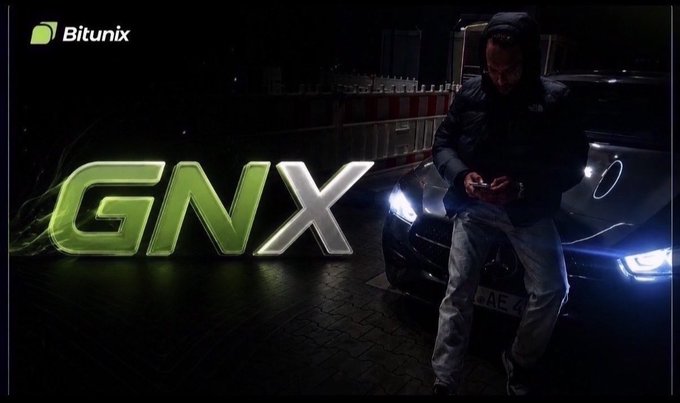The image features a nighttime scene with a man in a black puffer jacket standing next to a luxury car with illuminated headlights, overlaid with a stylized "GNX" logo in green and silver. The "Bitunix" branding appears in the top-left corner, tying the visual to the post's promotion of the GN token on the Bitunix crypto exchange, which is asking users to share their biggest crypto trading fumbles.