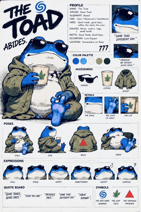 The image is a character reference sheet for "The Toad," a blue frog wearing sunglasses and an olive jacket, featuring profile details like "VIBE: Calm / Observant / Unbothered," a color palette, accessories (shades, coffee, jacket), poses, expressions, and a quote board with phrases like "GOOD TOADS, GOOD DAYS" and "STUDY THE LINE." The sheet's title "THE TOAD ABIDES" directly ties into the post's $TOBY meme theme, portraying the toad as a relaxed, zen-like mascot embodying patient crypto culture.