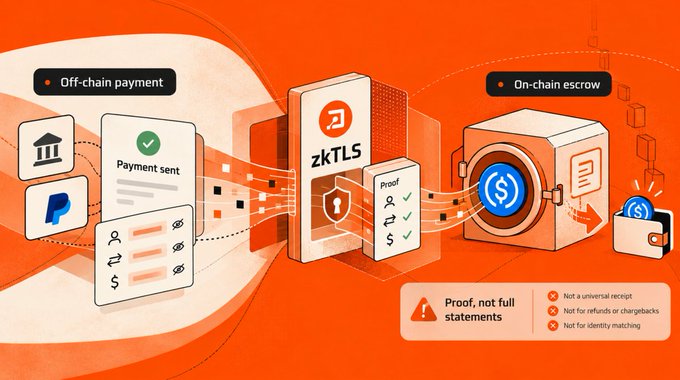 An illustrated graphic depicts an off-chain payment (showing bank and PayPal logos with a 'Payment sent' confirmation) being processed through a 'zkTLS' proof system before being deposited into an on-chain escrow wallet, noting the limitations of providing 'Proof, not full statements' regarding receipts, refunds, and identity matching.