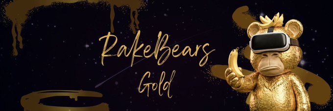 A promotional banner with 'RakeIBears Gold' in gold script on a dark starry background, featuring a golden bear character wearing a VR headset and holding a banana.