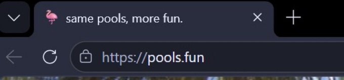 A browser tab displays "same pools, more fun." as its title with a flamingo emoji and the URL "https://pools.fun" in the address bar, referencing Sushi's playful entry into the launchpad wars against Uniswap's newly leaked Pools.trade platform.