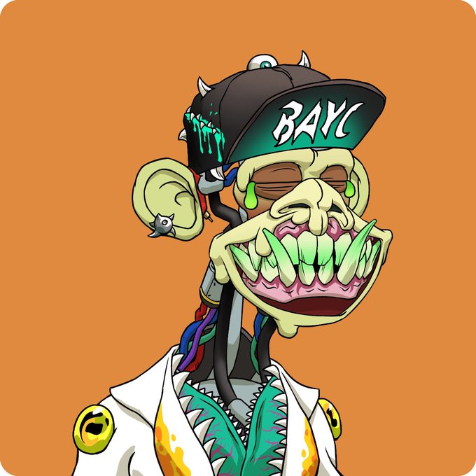 A Bored Ape (BAYC) NFT character with green fur, sharp teeth, stitched lips, and a black cap reading 'BAYC', wearing a white jacket with gold smiley-face buttons.