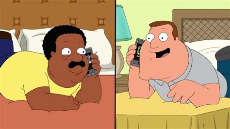A side-by-side illustration of two cartoon characters on the phone in bed—Cleveland Brown on the left and Peter Griffin on the right—both showing surprised expressions.