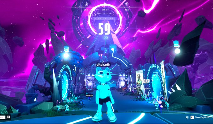 A first-person view of a vibrant purple and pink sci-fi virtual world featuring an avatar labeled 'vitek.eth' standing before portals and a 'Worldstone Level 59' structure.