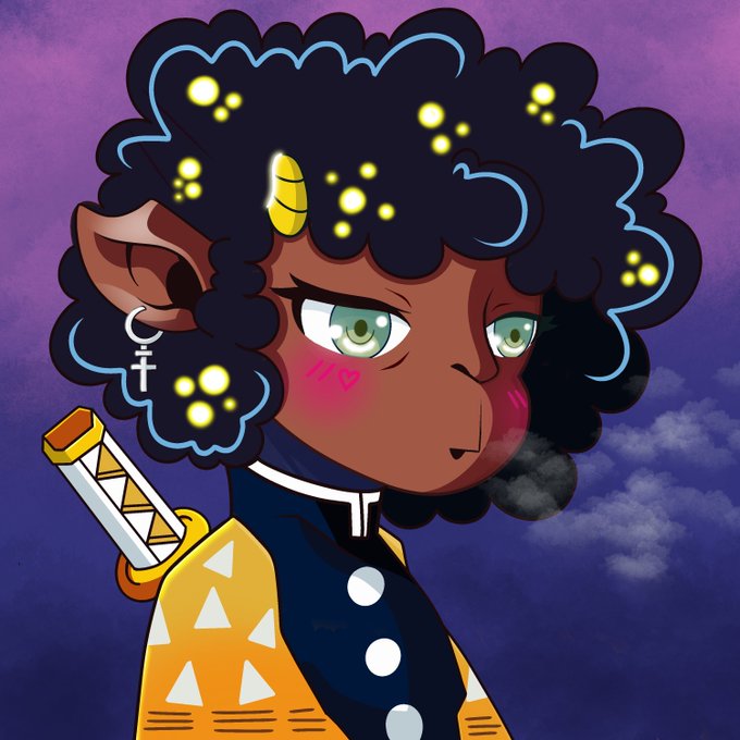 A cartoon character with dark curly hair, green eyes, a single yellow horn, and an earring, wearing a yellow and black outfit against a purple sky.