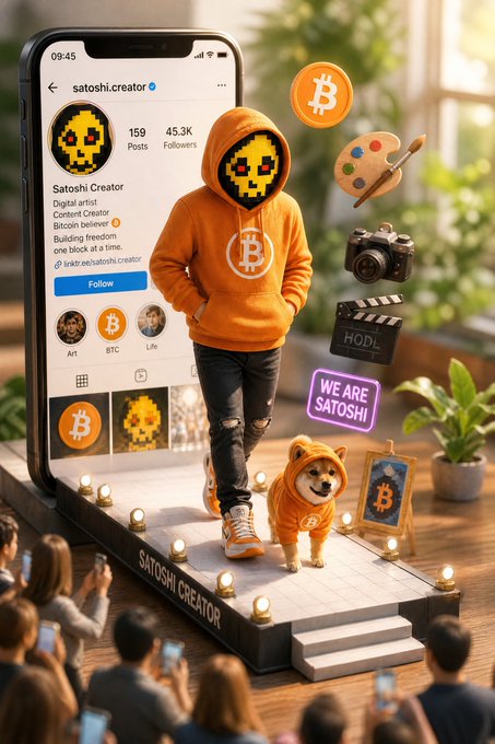 A creative scene featuring a hooded figure with a pixelated skull mask and a Bitcoin logo on an orange hoodie, with a doge dog nearby, on a stage labeled 'SATOSHI CREATOR' with an Instagram profile mockup showing 'satoshi.creator' with 45.3K followers.