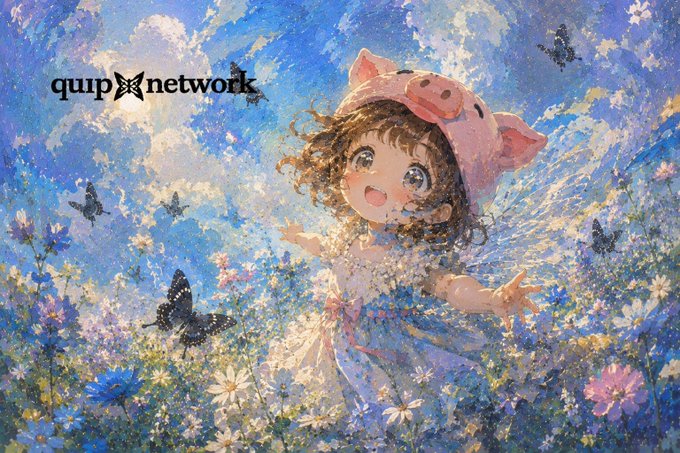 The image features a girl wearing a pink pig hat, surrounded by flowers and butterflies. The background of the painting depicts a blue sky with clouds, creating a whimsical atmosphere. In the bottom right corner of the image, there is text that reads "quip network". This suggests that the artwork might be related to or inspired by Quip Network's content or theme.