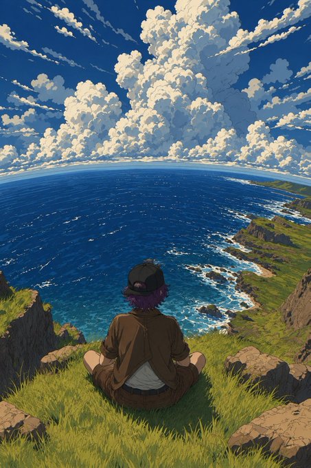 An anime-style illustration shows a person with purple hair wearing a cap and brown clothing, sitting on a grassy cliff overlooking a vast blue ocean under a sky filled with dramatic cumulus clouds.
