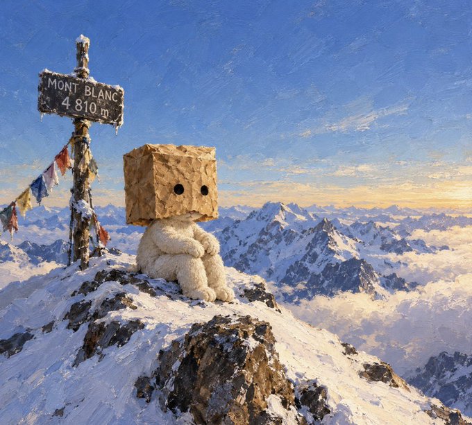 A small, fluffy white creature wearing a cardboard box on its head sits atop a snowy mountain summit beside a weathered sign reading "MONT BLANC 4,810m," with colorful prayer flags fluttering nearby against a painted sky of blue and sunset gold. The whimsical, summit-conquering figure whimsically mirrors the post's excitement about $ZEC and $ZCAT, suggesting that just as the box-headed explorer has reached an improbable peak, this new financial primitive is scaling unprecedented heights in the crypto landscape, standing triumphantly above the competition as a pioneering achievement in a rapidly evolving space.