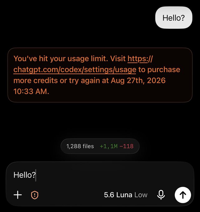 A ChatGPT interface showing a usage limit message directing to chatgpt.com/codex/settings/usage, with '1,288 files' modified (+1, 1M -118) and '5.6 Luna Low' displayed, reset date Aug 27th, 2026.
