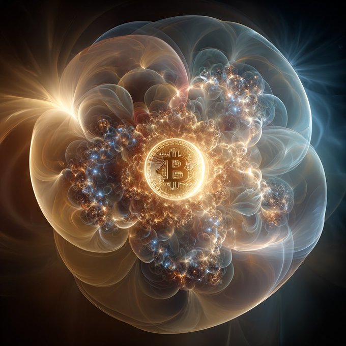 A digital artwork featuring a glowing golden Bitcoin symbol at the center of an ethereal, swirling mandala of light particles and translucent spherical shapes.