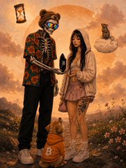 A whimsical stylized illustration of a skeleton in sunglasses holding an X-ray alongside a girl in a hoodie, set against a dreamy sunset sky with an orange cat.