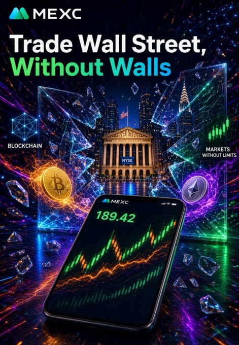 A MEXC advertisement reading 'Trade Wall Street, Without Walls' featuring a smartphone displaying trading charts at 189.42, with the NYSE building, Bitcoin, and Ethereum symbols against a city skyline with 'BLOCKCHAIN' and 'MARKETS WITHOUT LIMITS' labels.