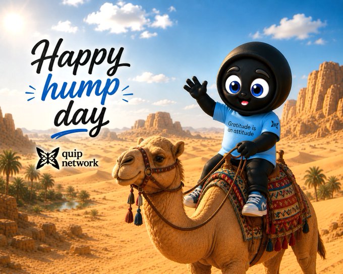 A 'Happy hump day' greeting card featuring a black, wide-eyed cartoon character wearing a blue 'Gratitude is an attitude' shirt and riding a camel through a desert landscape, branded with the 'quip network' logo.
