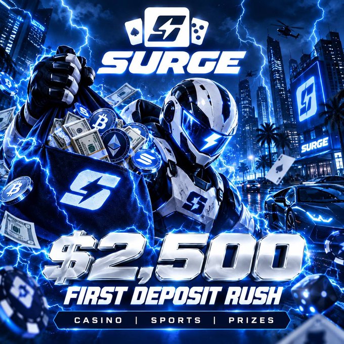An advertisement for an online gambling platform called 'SURGE' displays a futuristic armored character holding a bag of crypto coins and cash, promoting a '$2,500 FIRST DEPOSIT RUSH' for Casino, Sports, and Prizes.