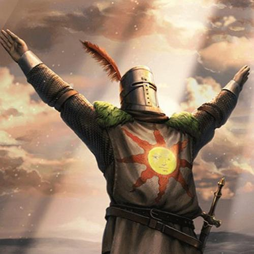 A knight with arms outstretched stands silhouetted against a golden sky, wearing a surcoat emblazoned with the radiant sun emblem of the Dark Souls game's Solaire of Astora—a tribute meme celebrating a "perfect" fictional warrior known for his unwavering dedication.