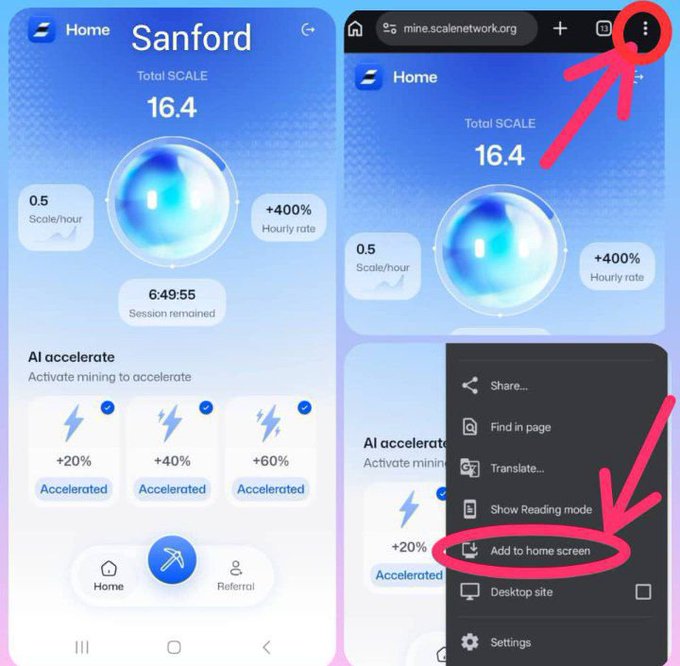 A two-part instructional screenshot showing the Sanford SCALE app (Total SCALE 16.4, +400% Hourly rate) and how to add it to the home screen via the browser menu's 'Add to home screen' option.