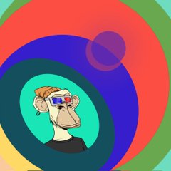 The image features an abstract art piece with a monkey wearing glasses, sunglasses, and a hat sitting inside a circle of circles. The background consists of various colors that create a vibrant and dynamic atmosphere. The caption below the artwork reads "Plan number 133 to buy a MAYC Abstract art plant + BAYC a unique way to show your Ape If I manage to sell enough canvases to buy a MAYC or Geez Interested parties please DM lol jajaja".