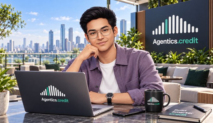 An illustrated image of a man in glasses and a purple shirt sitting at a laptop with the 'Agentics.credit' logo, with a cityscape and plants in the background.
