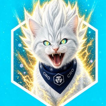 A digital illustration of a fierce white cat with glowing yellow eyes and spiked fur, wearing a blue bandana with 'CFO' text, set against a teal background with lightning.