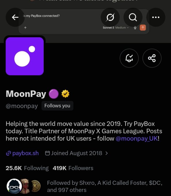 A screenshot of a social media profile on the Sonet platform shows the account for 'MoonPay' (@moonpay), which has 25.6K Following and 419K Followers, with a bio stating they are 'Helping the world move value since 2019.'