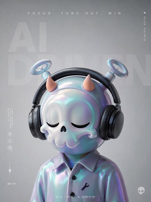 A stylized 3D-rendered character with a skull-like iridescent head wearing black headphones and a pastel button-up shirt, against a gray background with text reading 'FOCUS. TUNE OUT. WIN.', 'QUIRK AUDIO', and 'QA-01'.