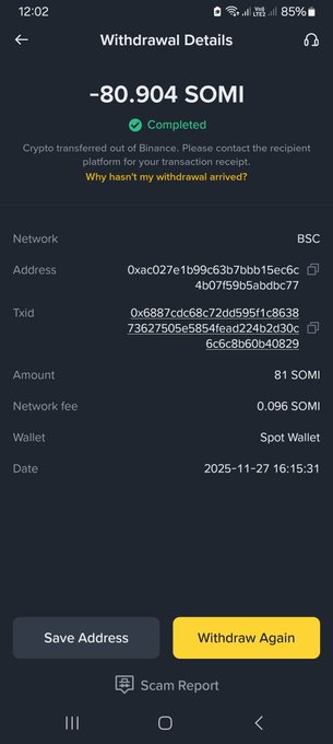 The image shows a Binance "Withdrawal Details" screen confirming a completed withdrawal of 80.904 SOMI on the BSC network, sent to address 0xac027e1b99c63b7bbb15ec6c4b07f5905abdbc77, which aligns with the post describing how the user's SOMI tokens were stolen by a hacker and withdrawn from their Binance account.
