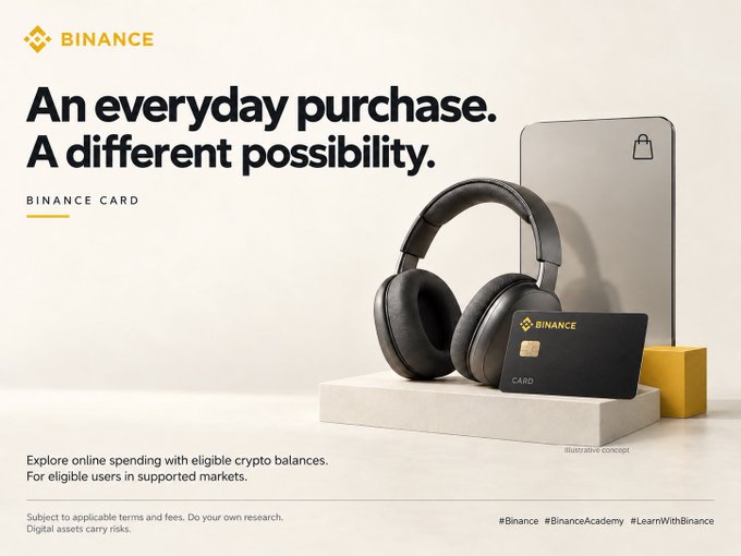 A Binance advertisement reads 'An everyday purchase. A different possibility.' promoting the 'BINANCE CARD' alongside headphones and a laptop.
