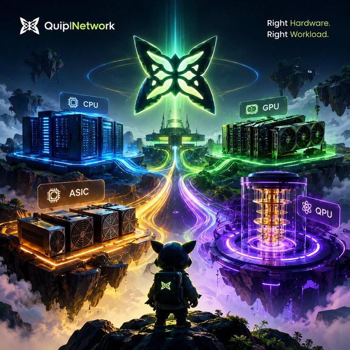 A promotional graphic for QuiplNetwork with the tagline 'Right Hardware. Right Workload.' featuring stylized floating islands representing CPU, GPU, ASIC, and QPU hardware.