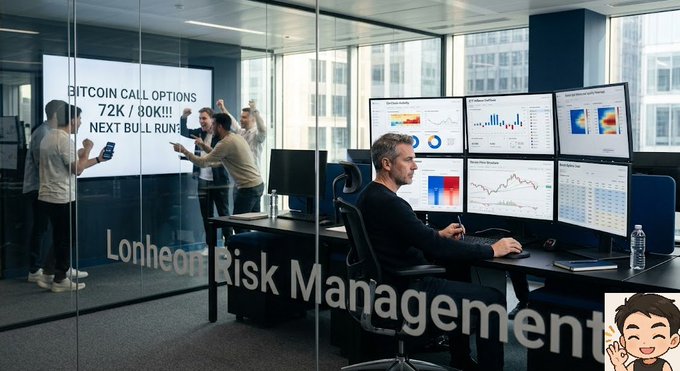 An AI-generated image of a financial trading office with a 'Lonheom Risk Management' overlay, featuring a trader at multiple monitors celebrating Bitcoin call options at 72K/80K for the next bull run.